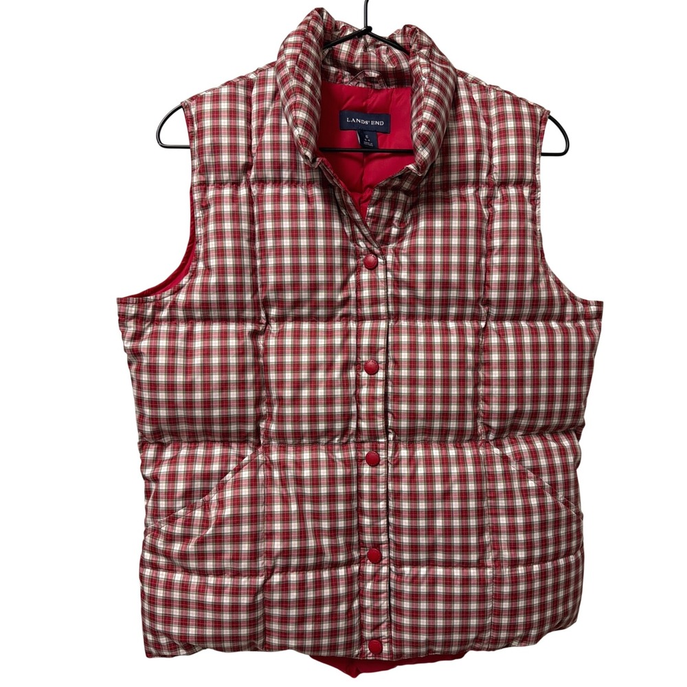 Lands End‎ 600 Fill Down Vest Womens S Red Plaid Quilted Puffer
